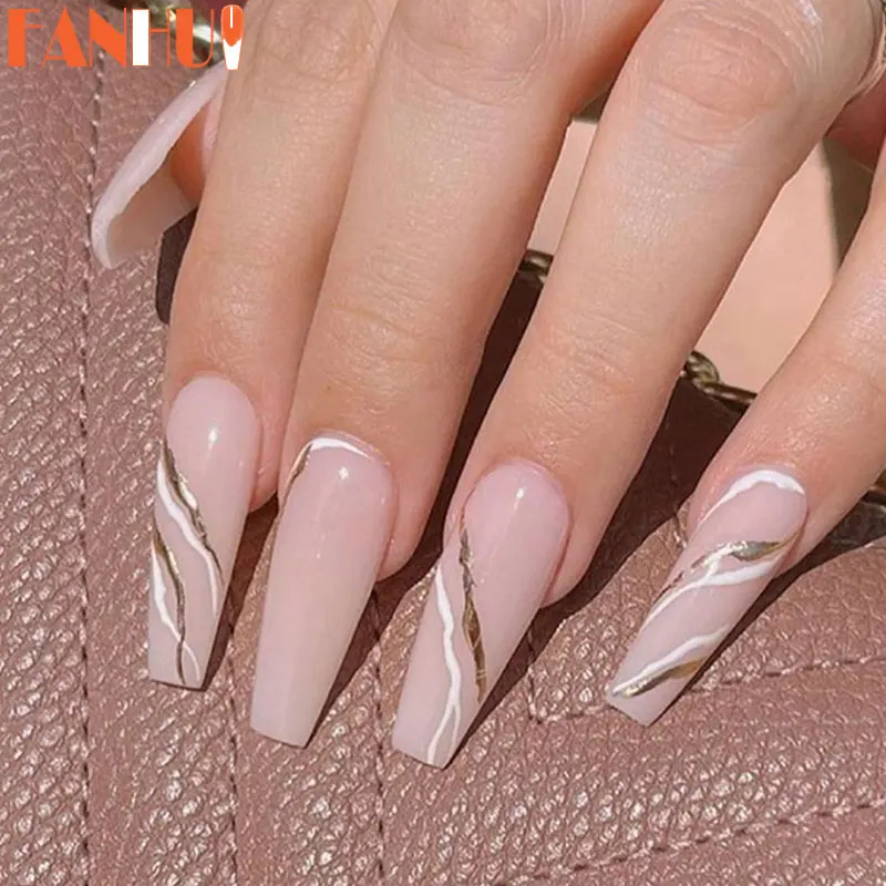 

24pcs/Box Marble Line Long Coffin False Nails Ballerina Manicure Tool Press On Nails Full Cover Nail Tips Artificial Detachable