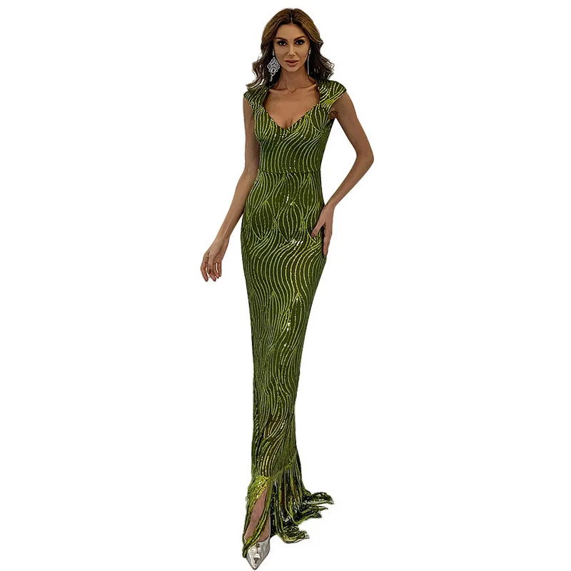 

Donsignet High Waist Slim Hem Tassel Stripe Formal Dress Sexy Square Collar Sleeveless Temperament Dresses for Women Party
