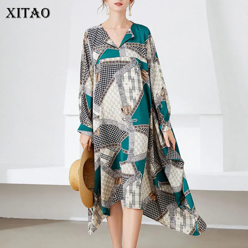 

XITAO лоскутное Асимметричное Платье с принтом для женщин 2021 осеннее повседневное Модное Новое Стильное темпераментное универсальное платье...