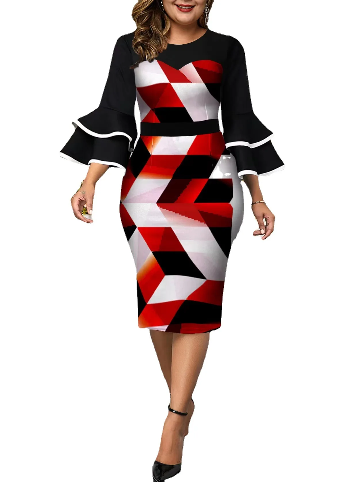 

Plus Size Dresses Elegant Geometric Print Wedding Party Dress 2021 Autumn Women Layered Bell Sleeve Chic Evening Dress 5XL