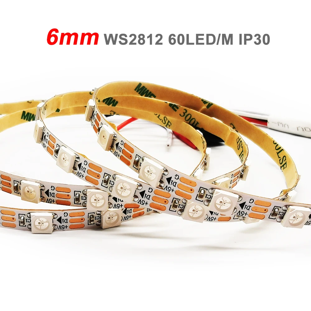 DC5V WS2812B 5050 RGB Led Strip Light Smart Individually Addressable Tape 6MM 10MM Width PCB IP30 Black/White 60Pixels/M 1-5M |
