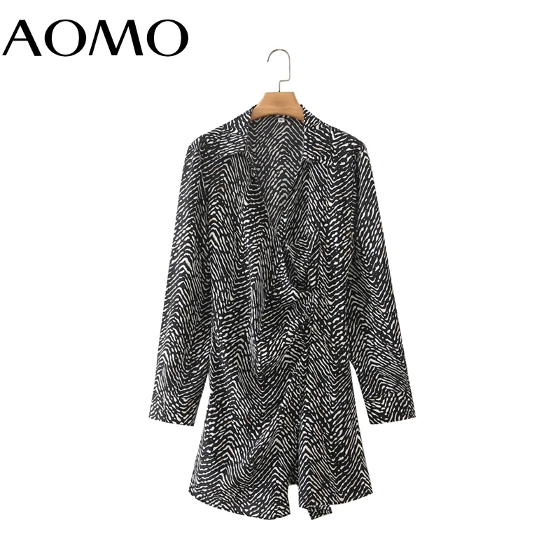 

AOMO 2022 Fashion Women Zebra Print Pleated Shirt Dress Vintage Long Sleeve Office Ladies Mini Dress 2M158A