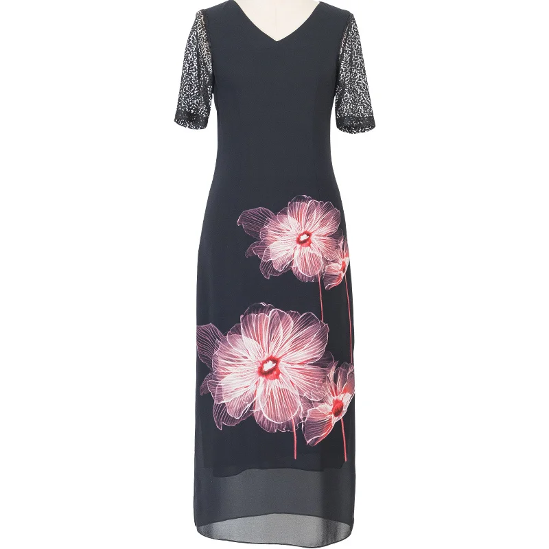 

2021 Hot Saling Double Layered Navy Blue Short Sleeve Floral Summer Women Dress