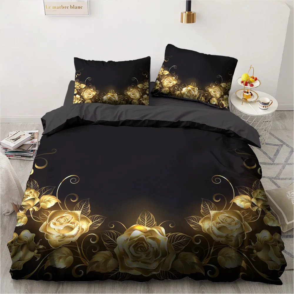 

Комплект постельного белья с 3d-цифровым принтом, Комплект постельного белья для двуспальной кровати, одеяло/пододеяльник, роскошное черное, золотое, розовое постельное белье