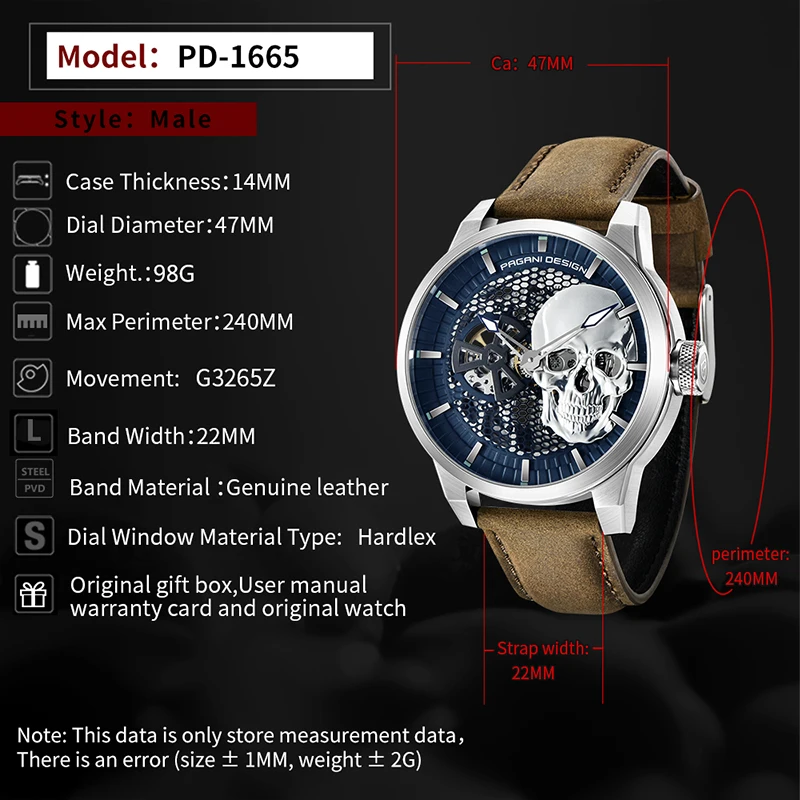 

PAGANI DESIGN Top Brand Leather Mens Watches New Skull Watch Men Military Sport Automatic Men Watch Luxury Mechanical Wristwatch