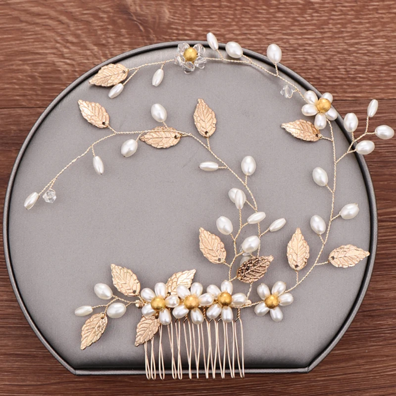 Тиара невесты гребень для волос золотого цвета с жемчугом и листьями свадебные