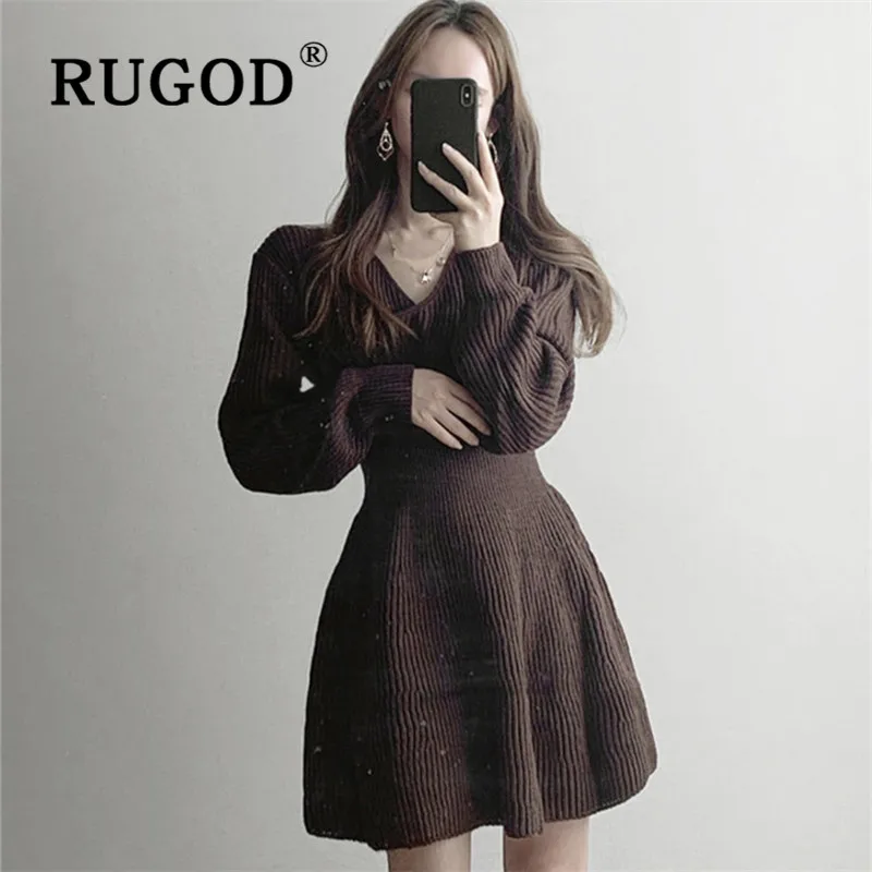 RUGOD однотонные винтажные вязаные платья для женщин корейское шикарное
