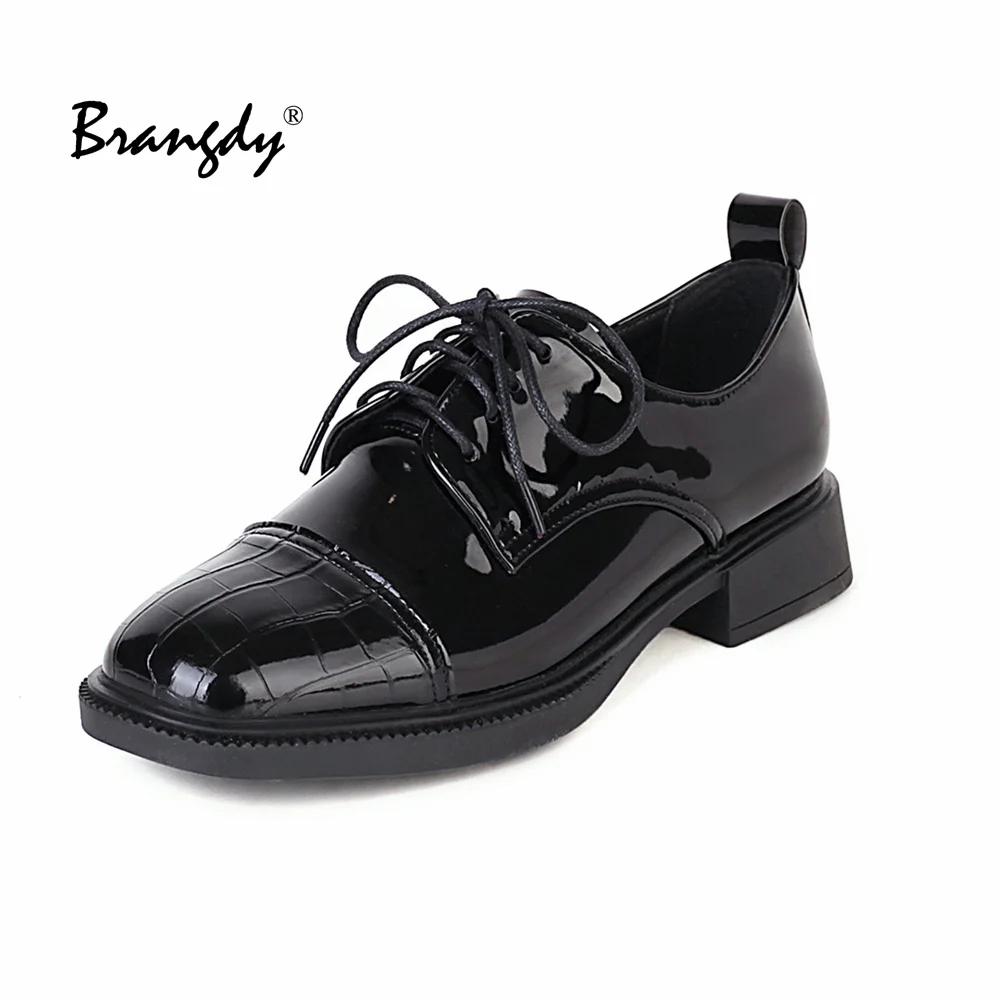 

Brangdy Square toe Oxford Shoes Women Solid plush thick heels Loafers British lace up brogue shoes woman japanned leather flats