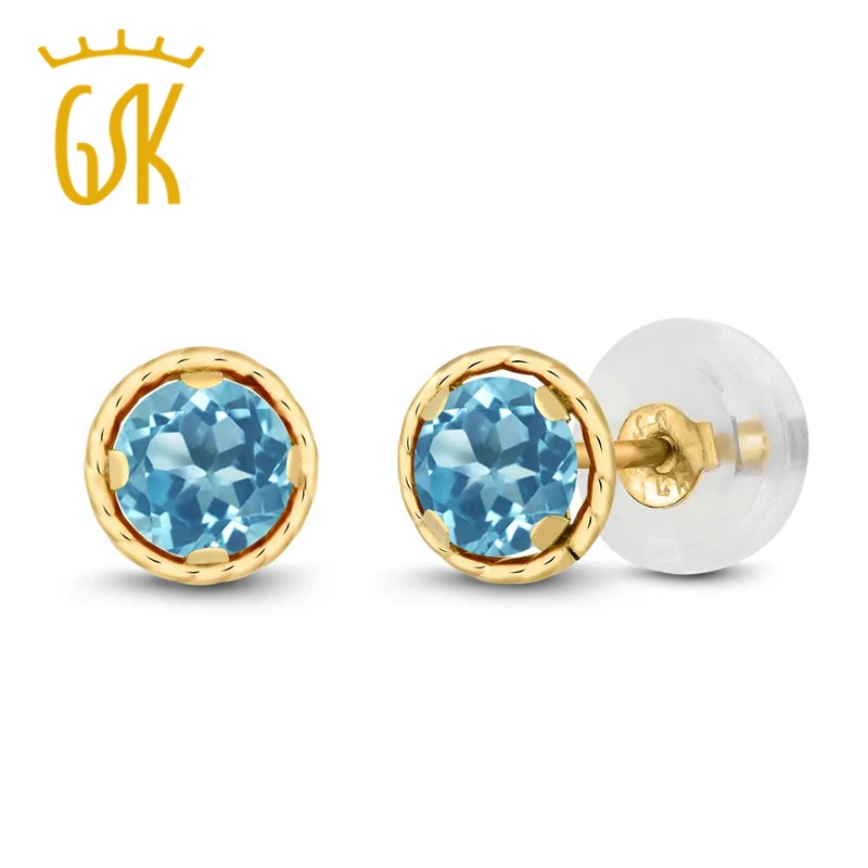 Серьги пусеты с топазом 0 66 карат круглые 4 мм натуральный голубой топаз 14 к желтое