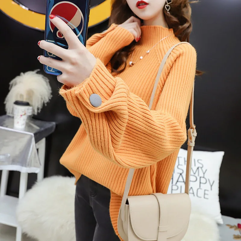 

Turtleneck Loose Button Decoration Sweater Female Long-sleeved Solid Simple Small Fresh Sweater Sweater Pullover Women Spring