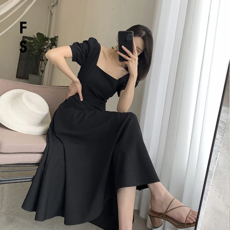 

French Style VIntage Women Black Midi Dress Female Square Collar Puff Sleeve A Line Dresses 2021 Summer Ins Hot Elegant Vestidos