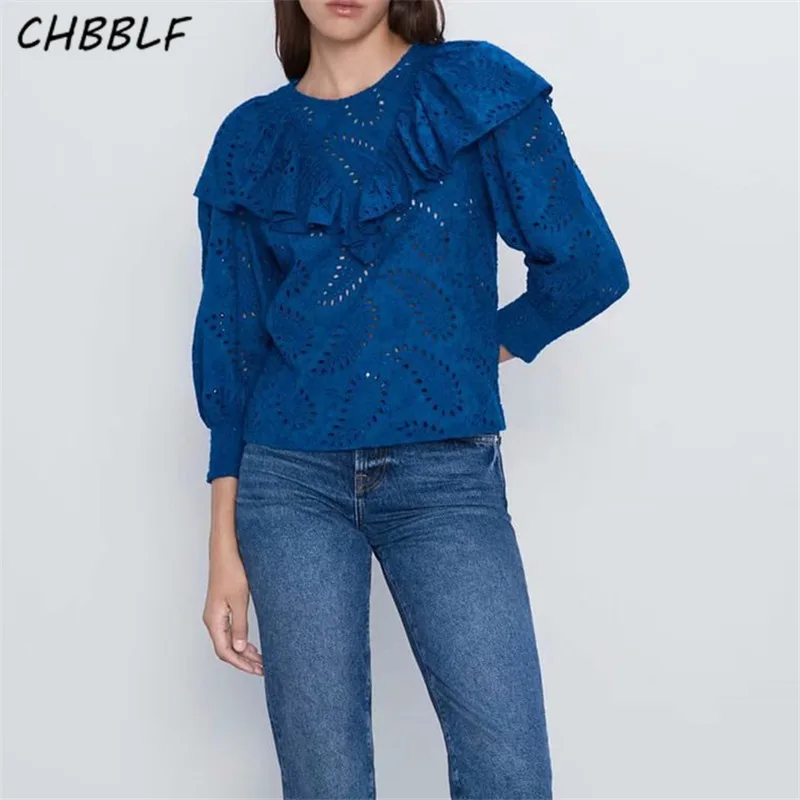 

CHBBLF women sweet ruffles embroidery blouse hollow out long sleeve female vintage solid shirts casual blue tops blusas CDC9367