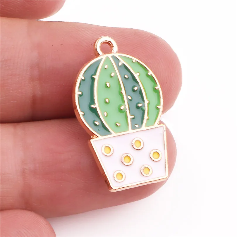 

10pcs Alloy Drop Oil Cute Potted Green Bulbous Cactus Pendant Golden Findings Charms for Jewelry DIY Necklace Accessories Making