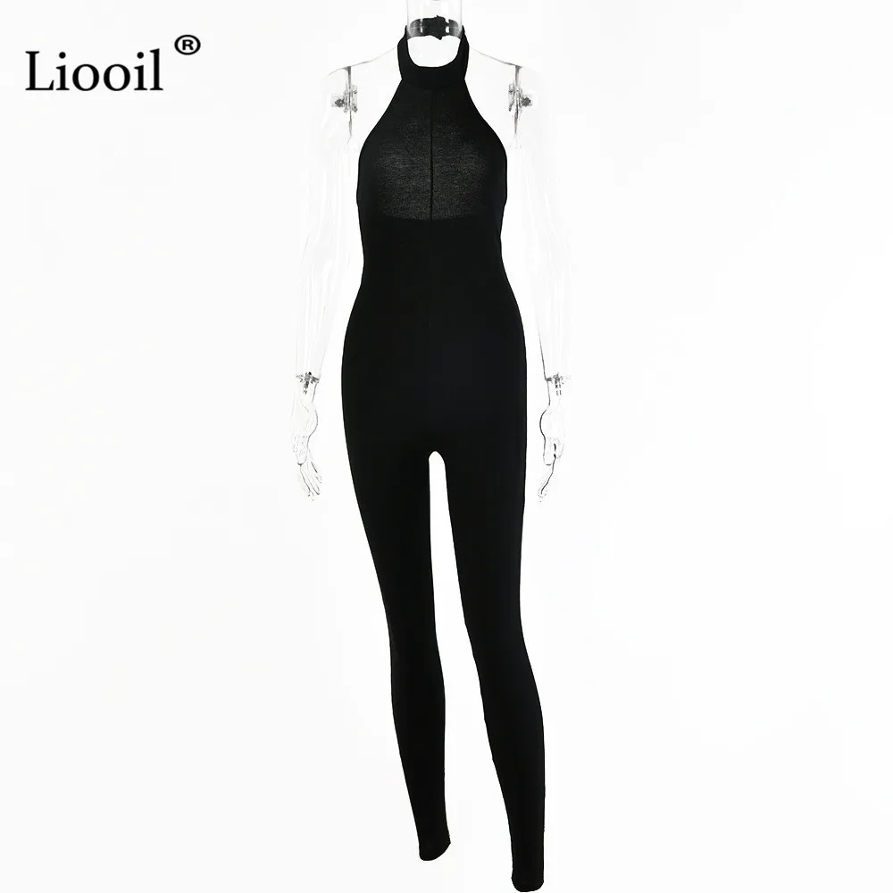 

Liooil Sexy Knitted Halter Jumpsuits For Women 2021 Sleeveless Backless Bodycon Knitwear Rompers Womens Jumpsuit Black Overalls