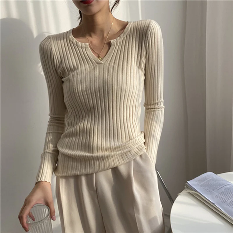 Женский облегающий вязаный свитер с V-образным вырезом пуловер длинным рукавом
