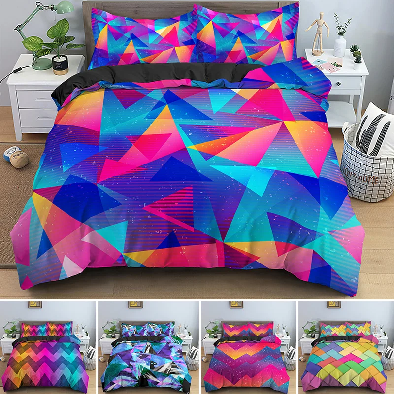 

Retro Morden Color Neon Geometric Psychedelic Bedding Set Single King Queen Quilt Duvet Cover Pillowcase 2/3pcs Bedclothes