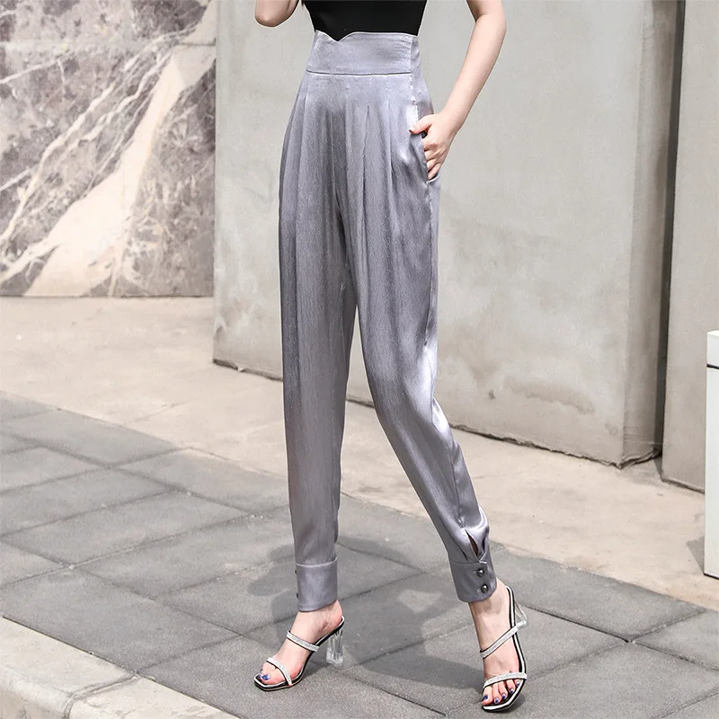 

Summer New Stitching Waist Harem Pant Unique Bark Texture Satin Two Button Foot Mouth Pleated Women High Waist Loose Pants