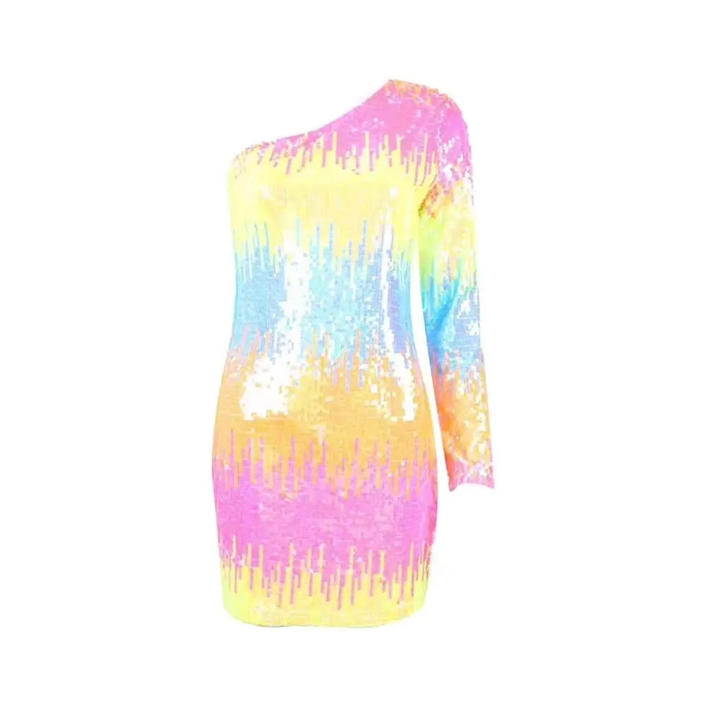 High Quality Spring Women Sexy One Shoulder Long Sleeve Sequins Bandage Dress Simly Tara 2020 Bodycon Fashion Female Party | Женская