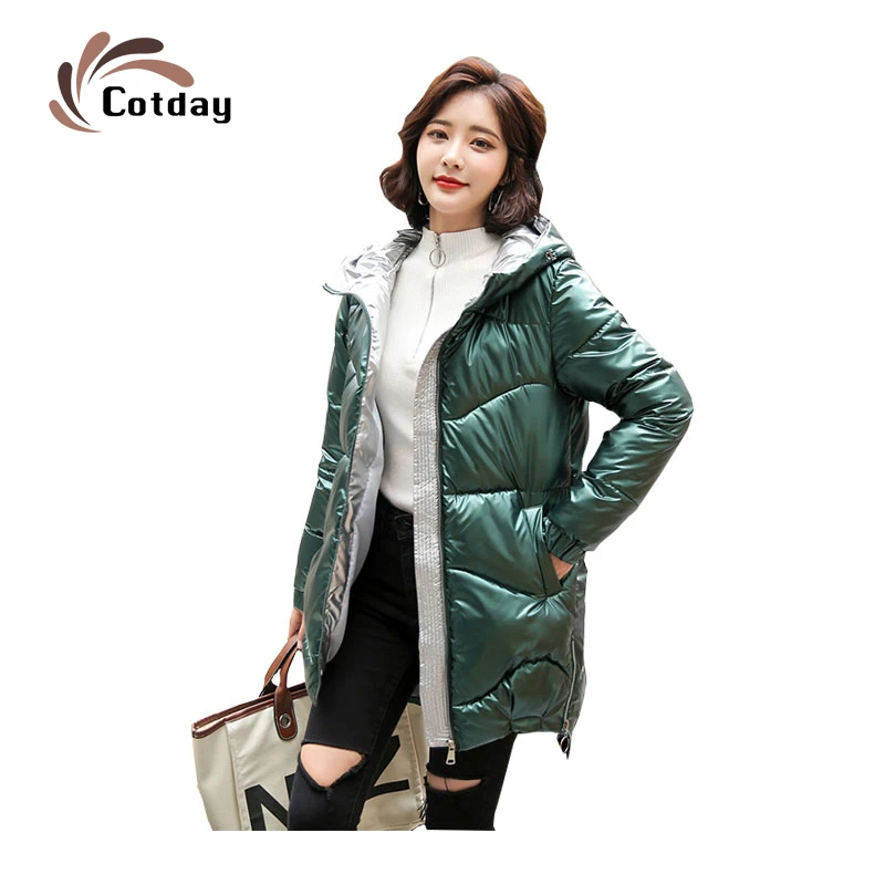 

Cotday Women New Loose Green Warm Plus Size Winter Thick Big Pockets Hooded Windproof Jacket Cotton Padded Coat