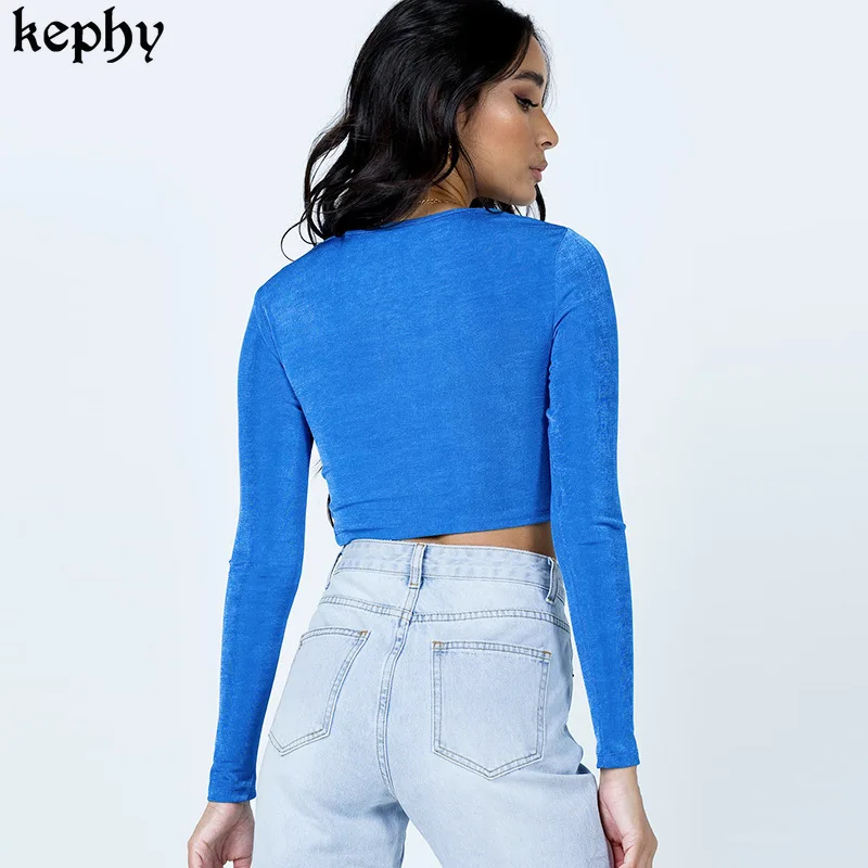 Женский летний сексуальный однотонный топ с V-образным вырезом и длинным рукавом