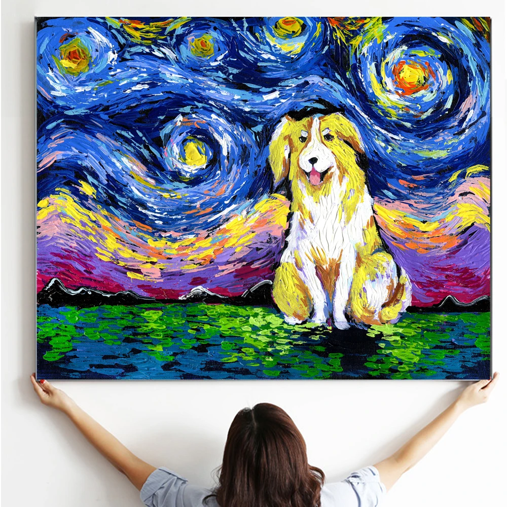 WANGART Home Of The Original Starry Night Mashup Dog животное картина маслом на холсте Настенная для