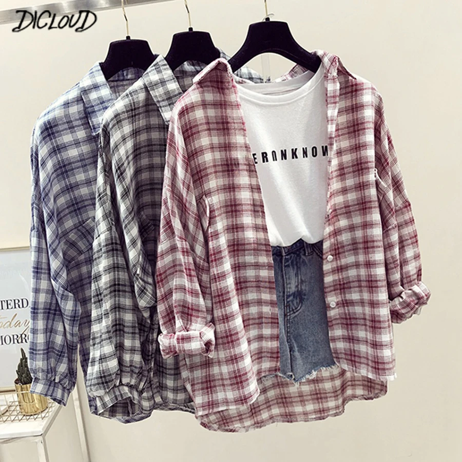 Осенняя клетчатая блузка DICLOUD женские корейские свободные шифоновые топы для
