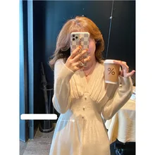 Vestido de punto de manga larga para mujer, ropa de lana con cuello en V, color rosa, Beige, para fiesta y trabajo, otoño e invierno, 2021 (3)