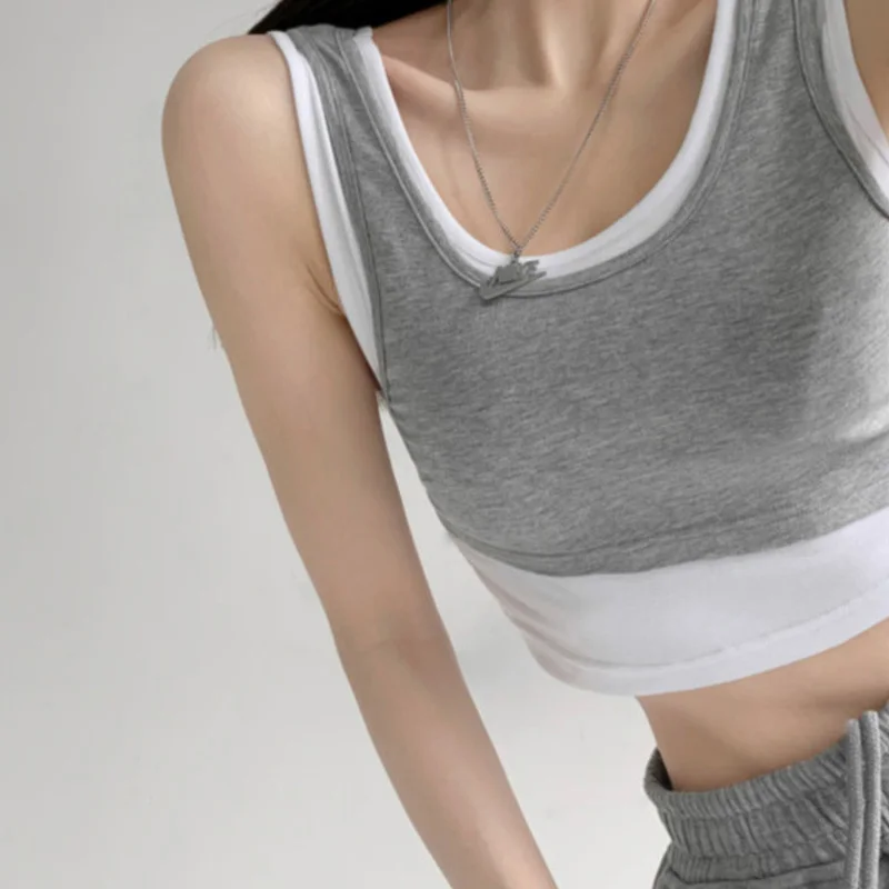 

Round Neck Patchwork Crop Top Women Clothing Contrast Casual Tank top Female Clothes Summer Sleeveless Tops Ladies Streetwear