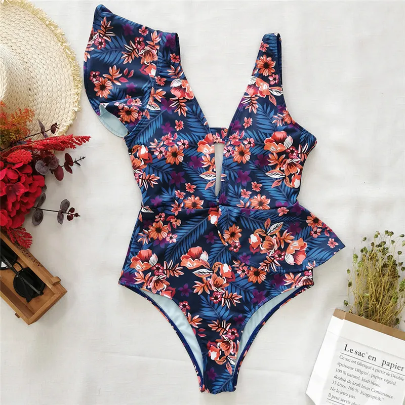 

Women One Piece Swimsuit Sexy Ruffle Printed Push Up Sexy Deep V Neck Swimwear Female 2021 Beachwear Backless Bathing Suit