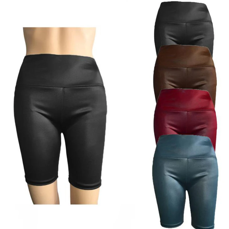 

Summer Women Fashion High Waist PU Shorts Female Skinny Elastic Waist Faux Leather Shorts