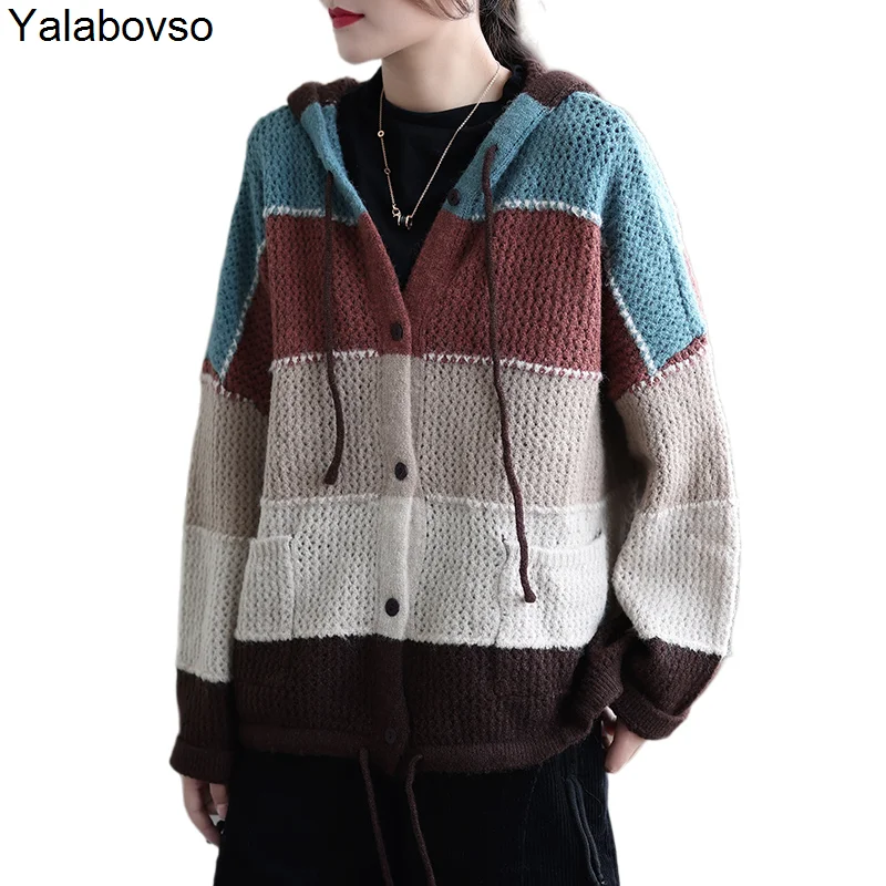 

Sweater For Women 2021 Autumn New Ladies Drawstring Contrast Color Stitching Hooded Stripe Long Sleeve Loose Top Cardigan