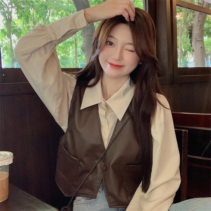 

Кожаный жилет цвета хаки, женская одежда, рубашки на весну и осень, верхняя одежда, бандажный жилет, винтажный жилет, популярный в Интернете