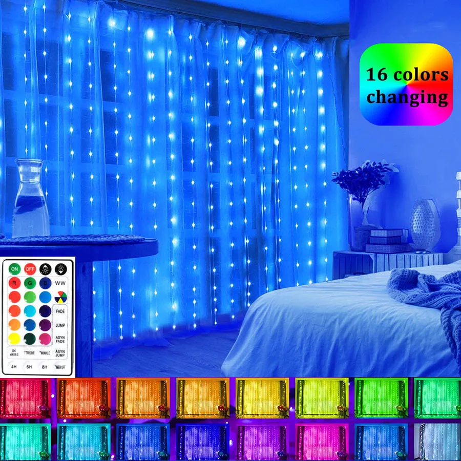 

3X3M 300 LED PVC Wire Light Waterfull Fairy String Light Window Rainbow Curtain Garland Light For Home Garden Party Wall Decor