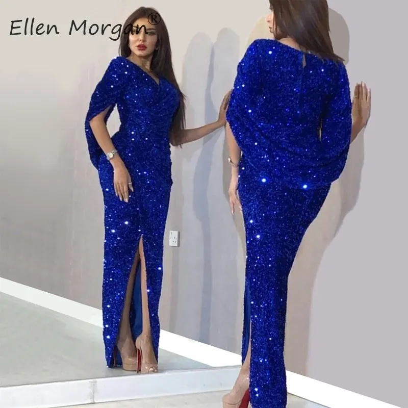 

Royal Blue Sequin Mermaid Evening Dresses 2020 Special Occasion Events Floor Length Split Sparkling Formal Gowns For Women Wear