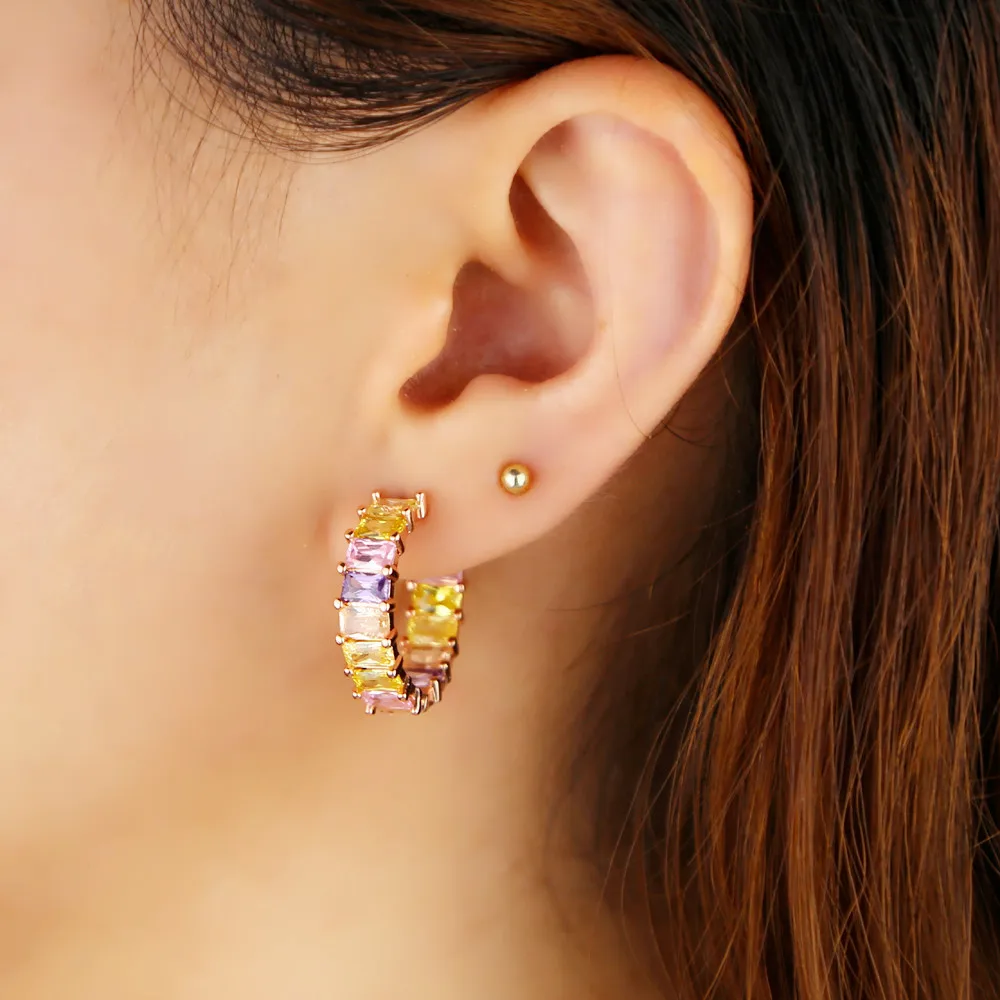 2021 Gold Plated Rainbow CZ Pinky Pastel Hoop Earring For Women Fashion Colorful Square Cubic Zirconia Pink Luxury Charm Jewelry | Украшения