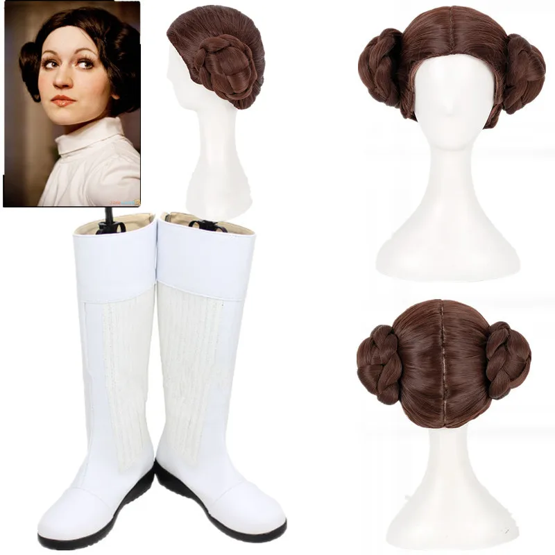 

Парик принцессы Leia органа соло из аниме, короткие коричневые парики для косплея, с двумя булочками + шапочка для парика, сапоги для косплея на Хэллоуин, карнавал
