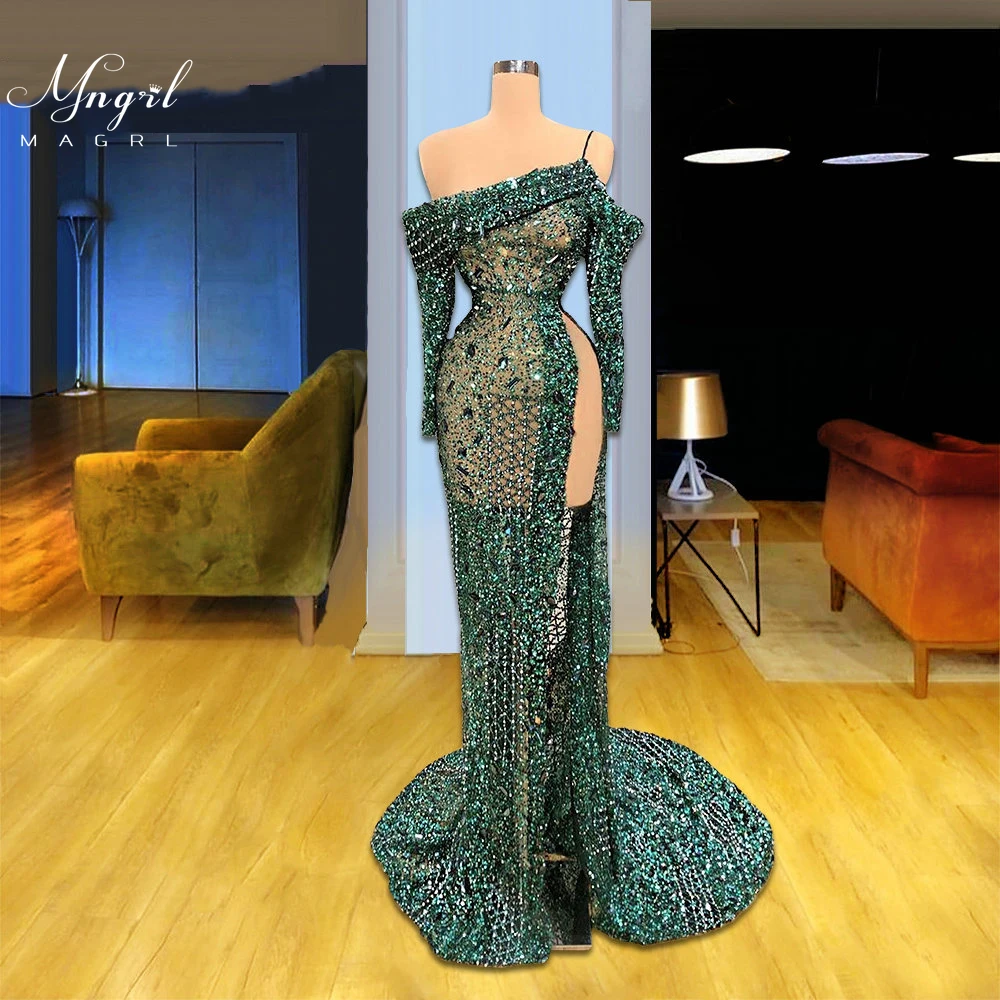 

MNGRL Luxury Evening Dress One-shoulder Long Sleeves Hand-applied Diamonds Glittering 2021 New Evening Dress Party Dress