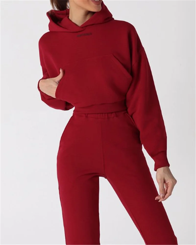 

Autumn Winter Two Piece Set Women Hoodie Fleece Sweatshirt Crop Top and Pants Tracksuit Sports Jogging Suit Female Clothing Sets