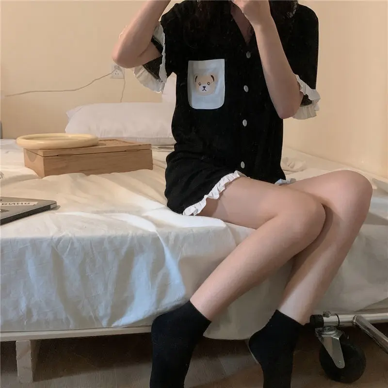 Qweek/женские пижамные костюмы с шортами Корейский стиль Пижамы вышитыми медведями