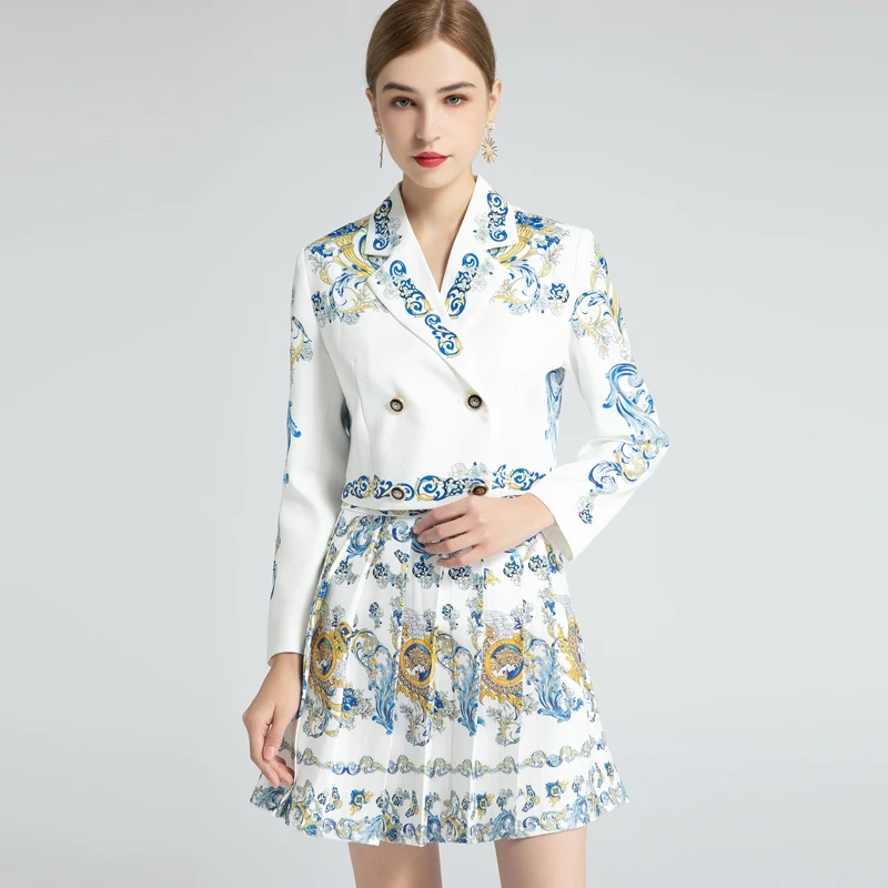 

2020 AUTUMN CROPPED PRINT BLAZER & PLEATED MINI SKIRT