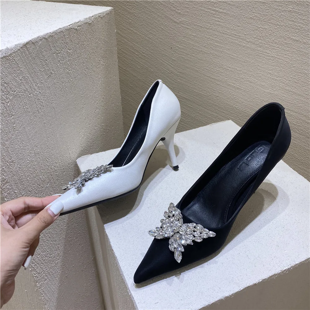 

Womens Pointy Toe Rhinestones Crystal 3D Butterfly Stilettos High Heel OL Party Pumps Shoes PU Leather Black White New