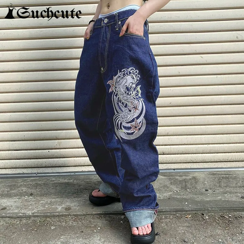 

SUCHCUTE Gothic Graphic Printing Jeans Women Dark Academic Low Rise Baggy Pants Harajuku Vintage Korean Fashion Denim Trousers