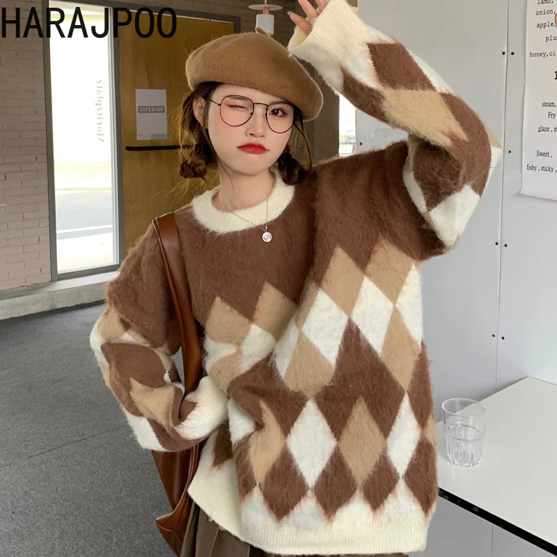

Женский свободный свитер Harajpoo, винтажный пуловер с рисунком ромбиками, круглым вырезом и длинными рукавами, в стиле Харадзюку, весна-осень ...