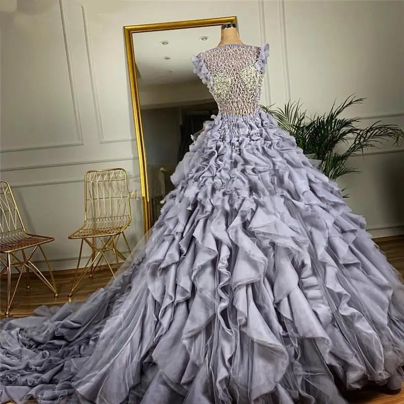 

Generous Beading Dubai Formal Evening Dresses 2021 A Line Vestidos Custom Diamond Puffy Prom Dress Tiered Long Train Party Gowns