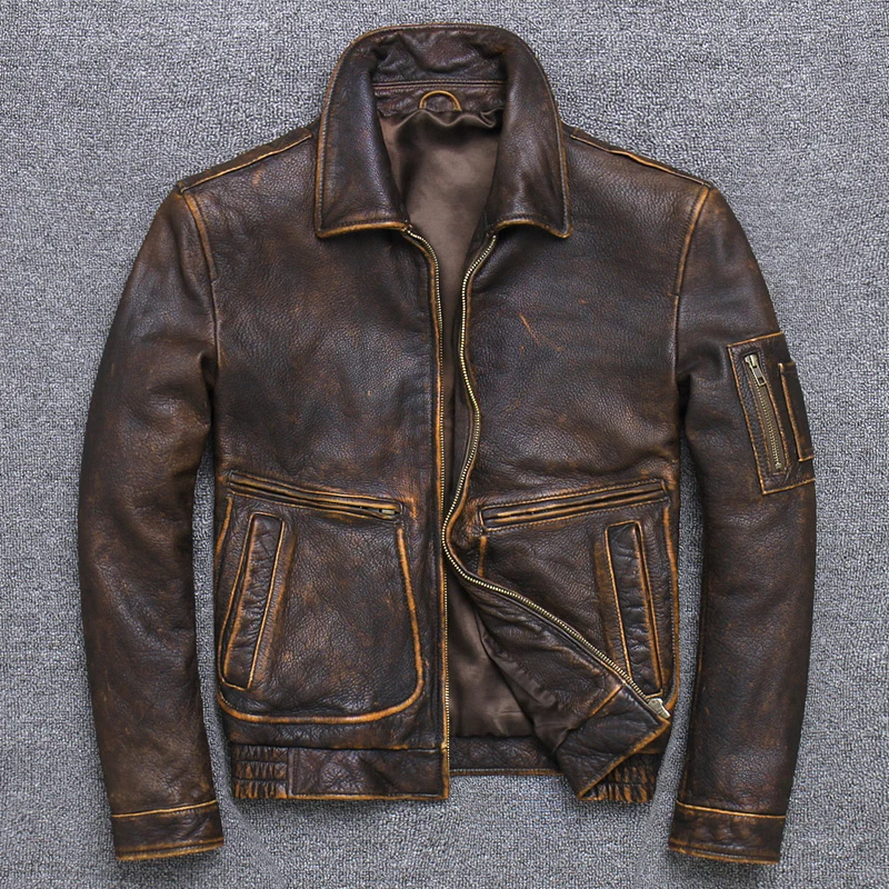 

Vintage Leather Jacket Men Spring New Motorcycle Causal Coat Men Autumn Outfit Fashion Biker Pocket Design Genuine Leather Jacke