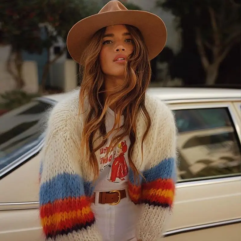 Полосатый мохеровый вязаный кардиган Большие размеры женские зимние свитера 2019