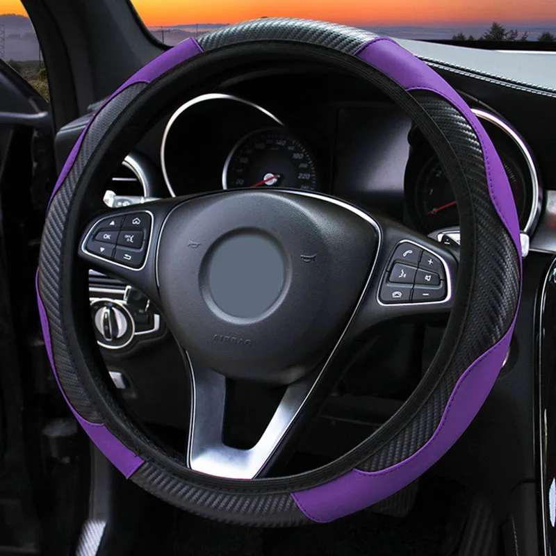

Universal 38cm Breathable Anti Slip PU Leather Car Steering Wheel Cover Gear Handbrake Cover Carbon Fiber Sports Model 1/3 Pcs