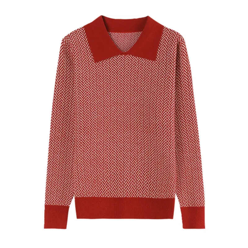 

Middle-aged Women pullover knitted sweater Autumn Winter High-end wool knit sweater Female loose plus Size lapel Sweater R434