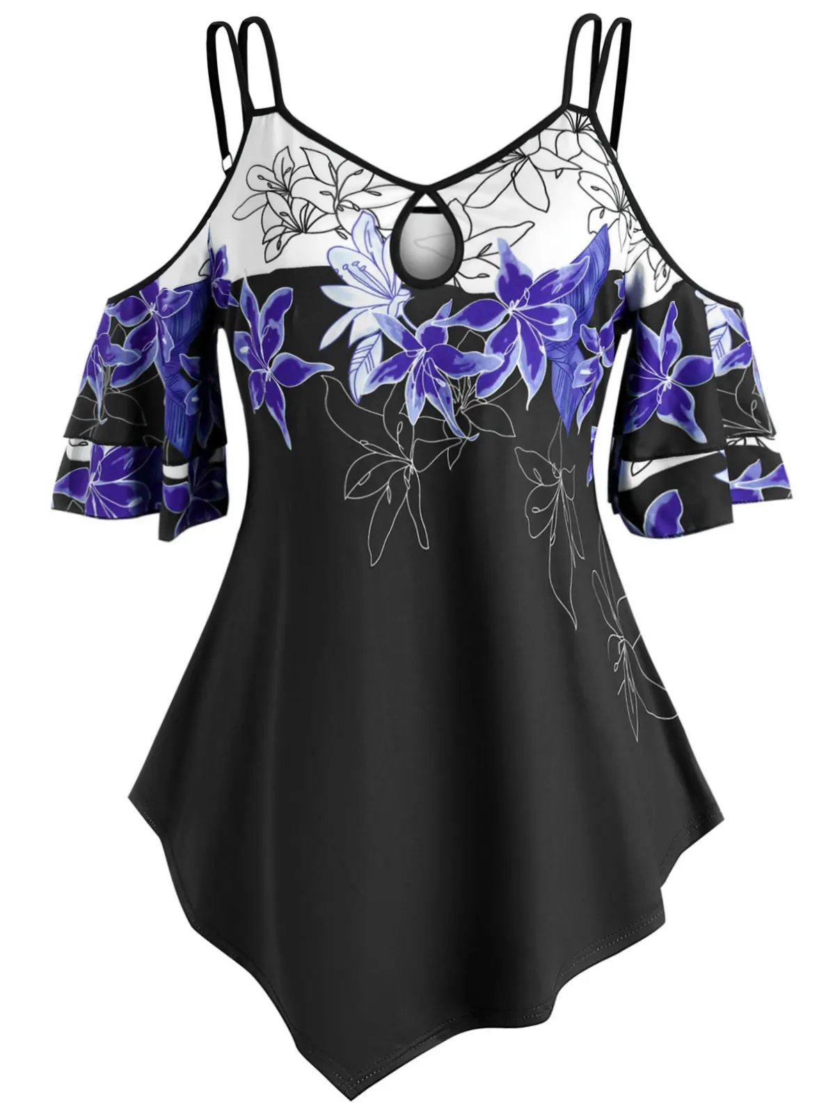 

Gothic Long Sleeve Tees Crop Top WomanOversize T-Shirt Floral Open Shoulder Strappy Plus Size Top Blouses