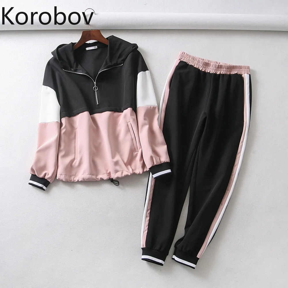 Korobov осень мода с капюшоном мозаичное яркое цветное наборы свитшотов и тонкий